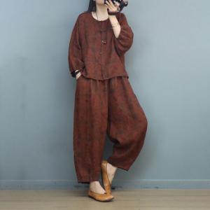 Frog Buttons Linen Blouse with Eastern Patterned Pants