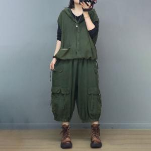 Oversized Sleeveless Hoodie with Linen Cropped Cargo Pants