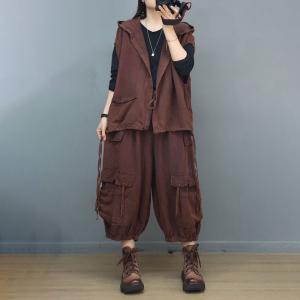 Oversized Sleeveless Hoodie with Linen Cropped Cargo Pants