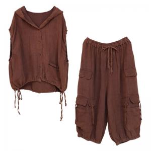 Oversized Sleeveless Hoodie with Linen Cropped Cargo Pants