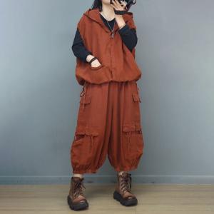 Oversized Sleeveless Hoodie with Linen Cropped Cargo Pants