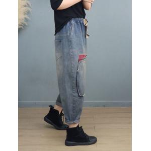 Patchwork Letter Embroidered Jeans Loose Stone Wash Jeans