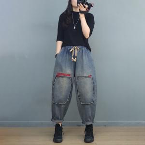 Patchwork Letter Embroidered Jeans Loose Stone Wash Jeans