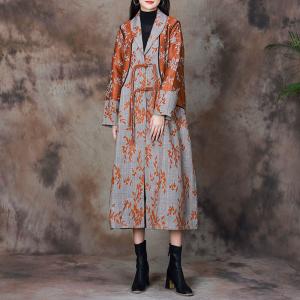 Tassel Button Cotton Linen Coat Floral Trench Coat