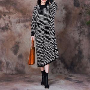 Puff Sleeve Checkered Dress Loose Wool Dress