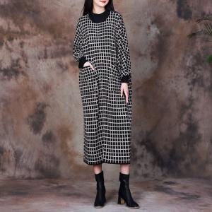 Puff Sleeve Checkered Dress Loose Wool Dress