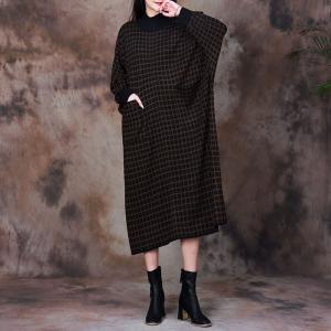 Puff Sleeve Checkered Dress Loose Wool Dress