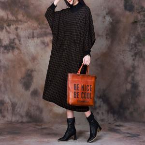 Puff Sleeve Checkered Dress Loose Wool Dress