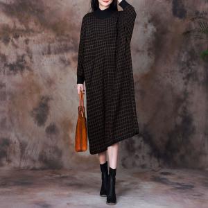 Puff Sleeve Checkered Dress Loose Wool Dress