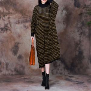 Puff Sleeve Checkered Dress Loose Wool Dress