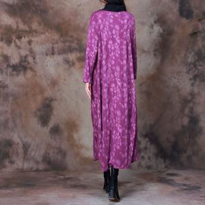 Draped Collar Printed Designer Dress Woolen Loose Dress