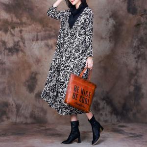 Draped Collar Printed Designer Dress Woolen Loose Dress