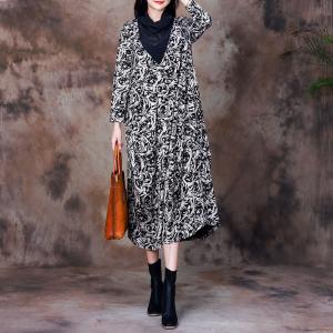 Draped Collar Printed Designer Dress Woolen Loose Dress