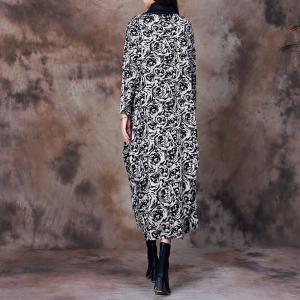 Draped Collar Printed Designer Dress Woolen Loose Dress