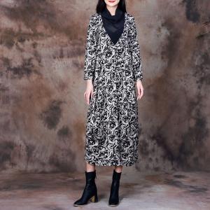 Draped Collar Printed Designer Dress Woolen Loose Dress