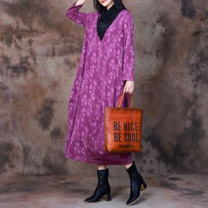 Draped Collar Printed Designer Dress Woolen Loose Dress