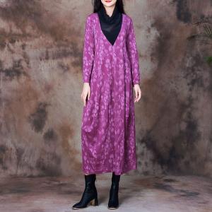 Draped Collar Printed Designer Dress Woolen Loose Dress