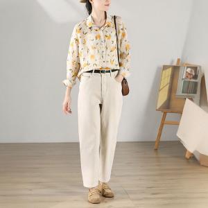 Yellow Flowers Ramie Blouse Long Sleeves Oversized Shirt