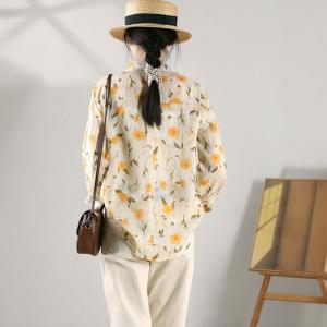 Yellow Flowers Ramie Blouse Long Sleeves Oversized Shirt