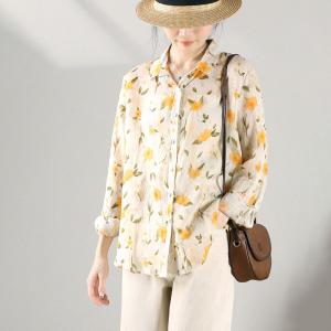 Yellow Flowers Ramie Blouse Long Sleeves Oversized Shirt