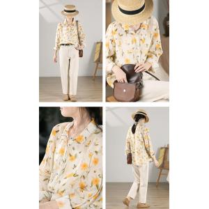 Yellow Flowers Ramie Blouse Long Sleeves Oversized Shirt