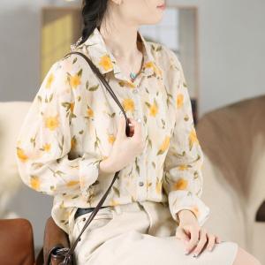 Yellow Flowers Ramie Blouse Long Sleeves Oversized Shirt