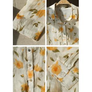 Yellow Flowers Ramie Blouse Long Sleeves Oversized Shirt