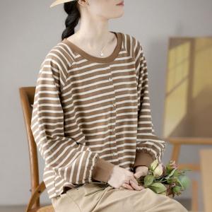 Single-Breasted Cotton Sweatshirt Striped Hoodless Pullover