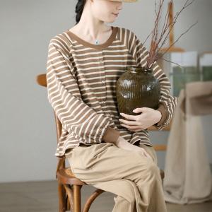 Single-Breasted Cotton Sweatshirt Striped Hoodless Pullover