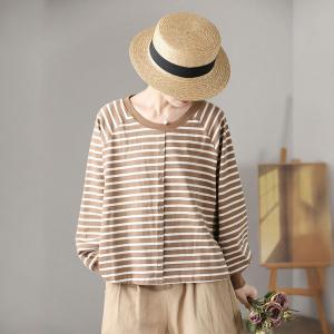 Single-Breasted Cotton Sweatshirt Striped Hoodless Pullover