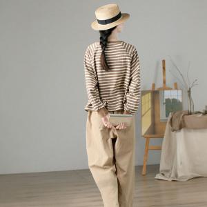 Single-Breasted Cotton Sweatshirt Striped Hoodless Pullover