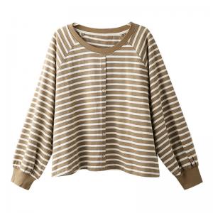 Single-Breasted Cotton Sweatshirt Striped Hoodless Pullover