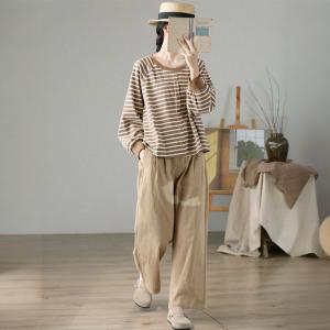 Single-Breasted Cotton Sweatshirt Striped Hoodless Pullover