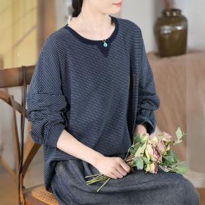 Blue Pinstriped Cotton T-shirt Long Sleeves Embroidery Sweatshirt