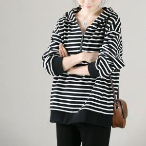 Black Striped Half Zip Hoodie for Women