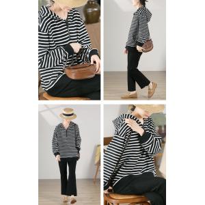 Black Striped Half Zip Hoodie for Women