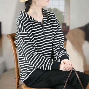 Black Striped Half Zip Hoodie for Women