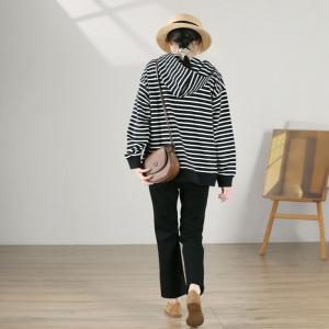 Black Striped Half Zip Hoodie for Women