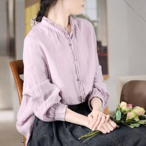 Pastel Colors Ruffle Collar Linen Blouse