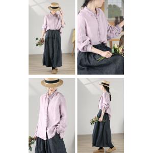 Pastel Colors Ruffle Collar Linen Blouse