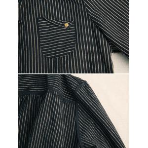 Black Striped Puff Sleeves Cotton Linen Blouse