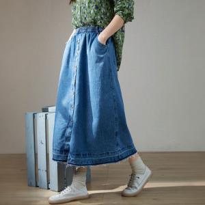 Front Buttons Raw Hem Light Wash Skirt