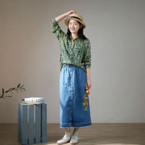 Front Buttons Raw Hem Light Wash Skirt