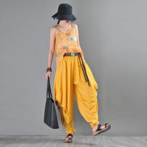 Low Crotch Yellow Harem Pants Pleated Customized Pants