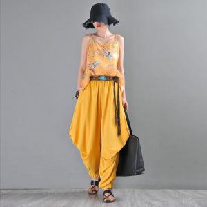 Low Crotch Yellow Harem Pants Pleated Customized Pants