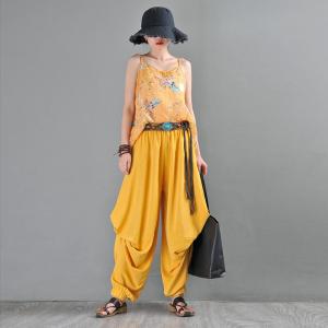 Low Crotch Yellow Harem Pants Pleated Customized Pants