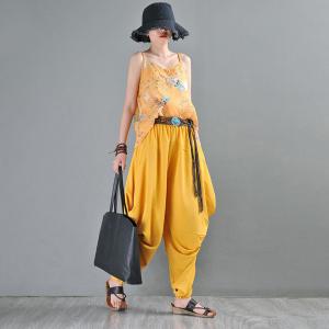 Low Crotch Yellow Harem Pants Pleated Customized Pants