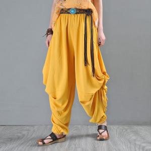 Low Crotch Yellow Harem Pants Pleated Customized Pants