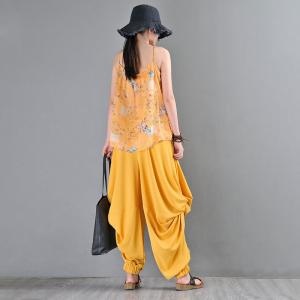 Low Crotch Yellow Harem Pants Pleated Customized Pants