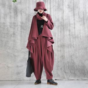 Wine Red Woolen Loose Midi Waterfall Cardigan